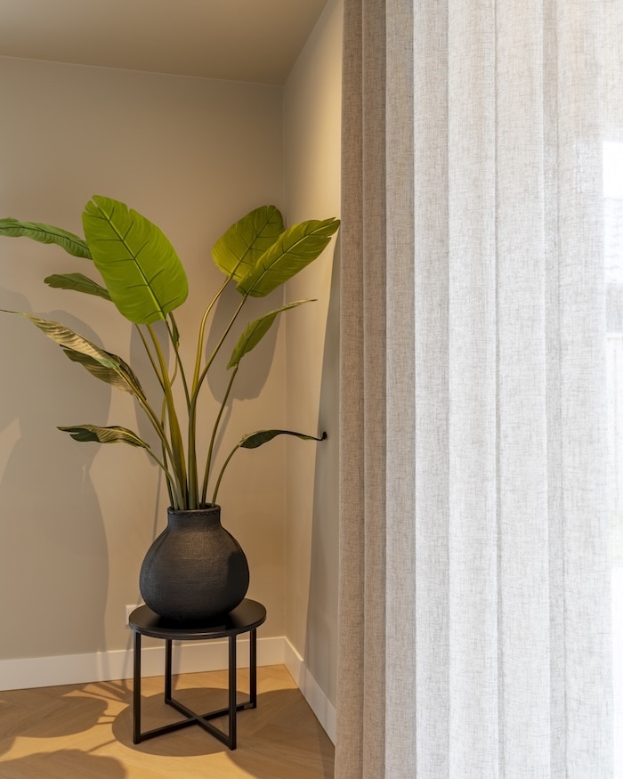 Grote kamerplant in donkere vaas op zwart metalen tafeltje in nis bij raam