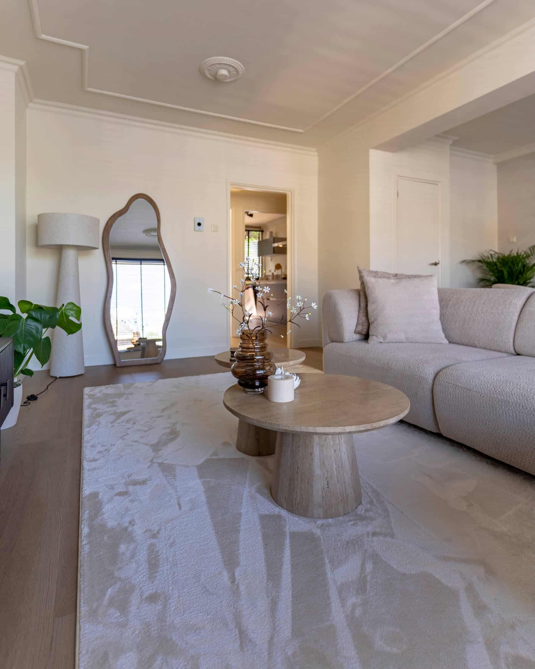 Woonkamerhoek met grote groene plant, salontafels en doorkijk naar eetkamer en ramen