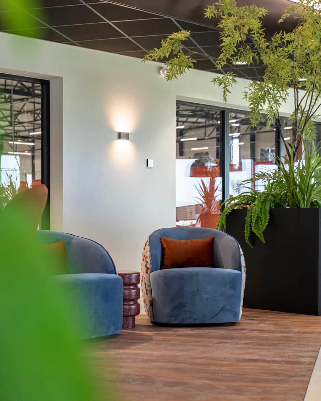 Intieme zithoek met fauteuils en groene beplanting in modern kantoor